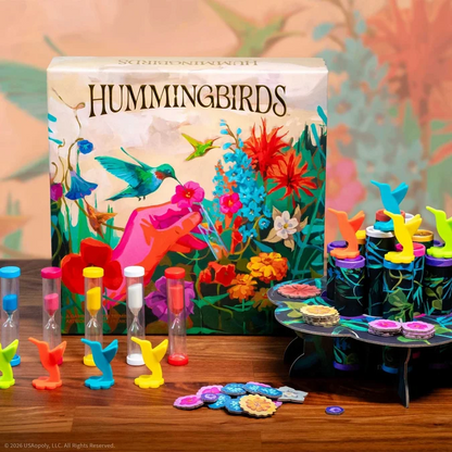 Hummingbirds board game with flower sand timers hummingbird pieces and nectar tokens