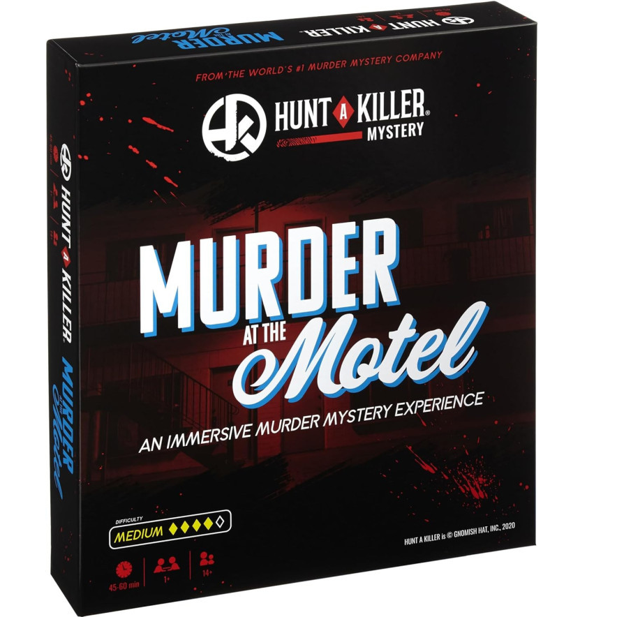 Hunt a Killer: Murder at the Motel game box and evidence items for an immersive murder mystery experience.