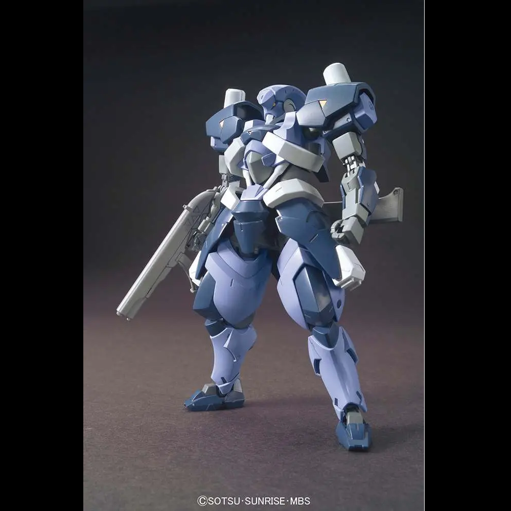 A blue and white mecha action figure posed dynamically with a silver rifle, set against a dark studio background. Hyakuren - Iron Blooded Orphans HG 1/144 Gunpla Bandai