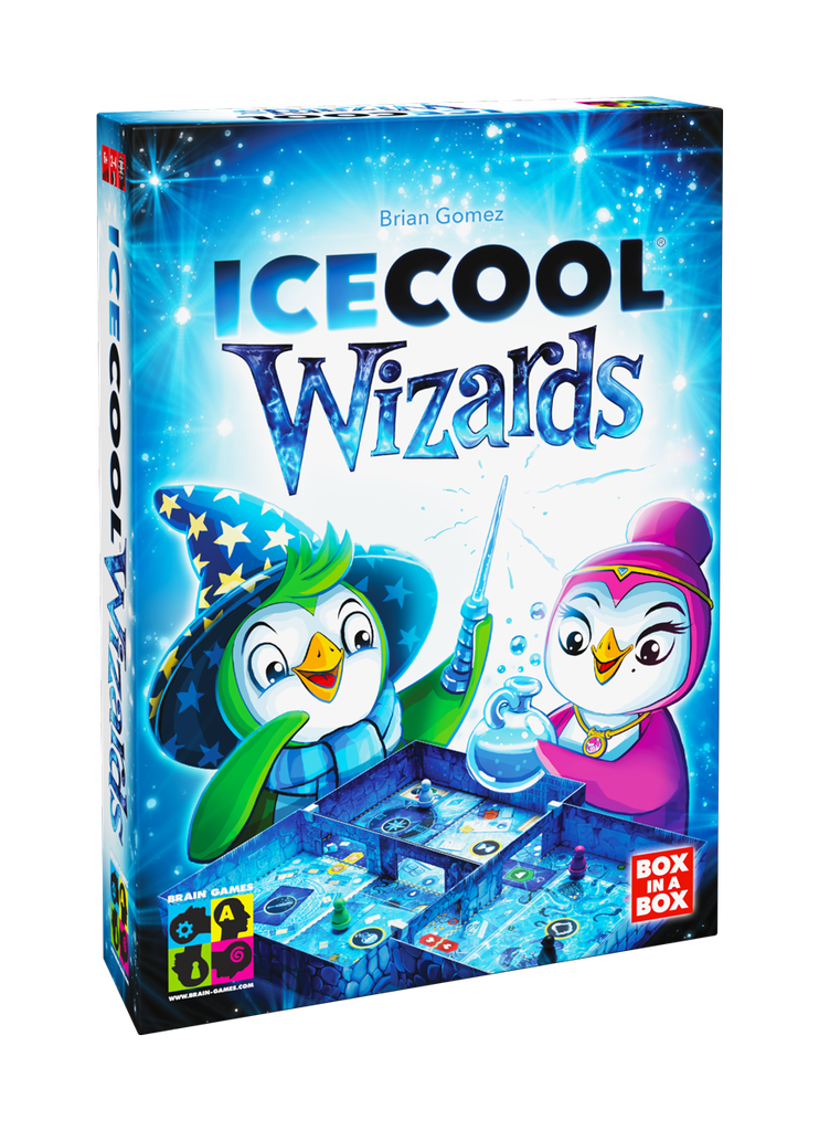 Board game box for 'Icecool Wizards' with cartoon penguins on a blue background