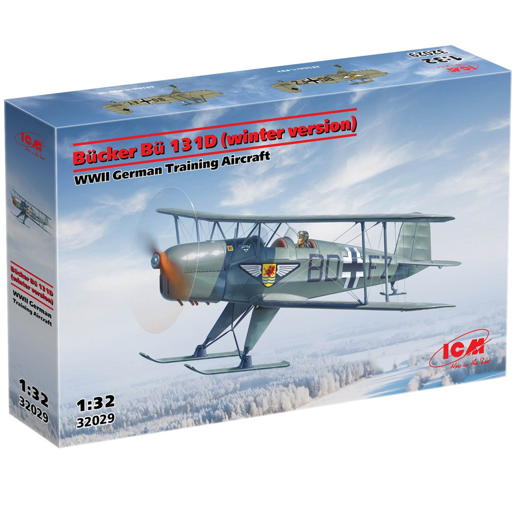 Model airplane kit box for Bücker Bü 131D winter version with ICM branding. ICM 1:32 Bücker Bü 131D Winter Version WWII German Training Aircraft Model Kit