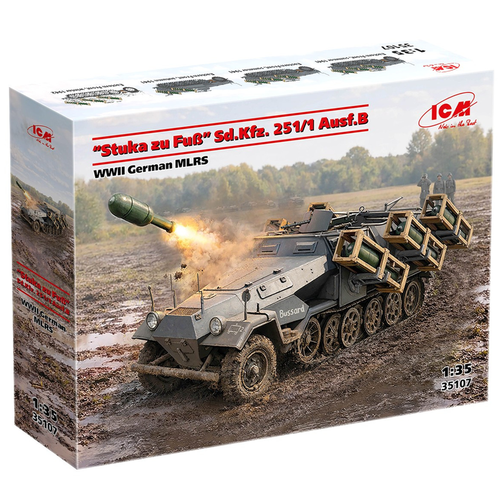 Model kit box for a WWII German MLRS vehicle with 'Stuka zu Fuö' Sd.Kfz. 251/1 Ausf.B on the packaging. ICM 1:35 Stuka zu Fuß Sd.Kfz. 251/1 Ausf.B WWII German MLRS Model Kit