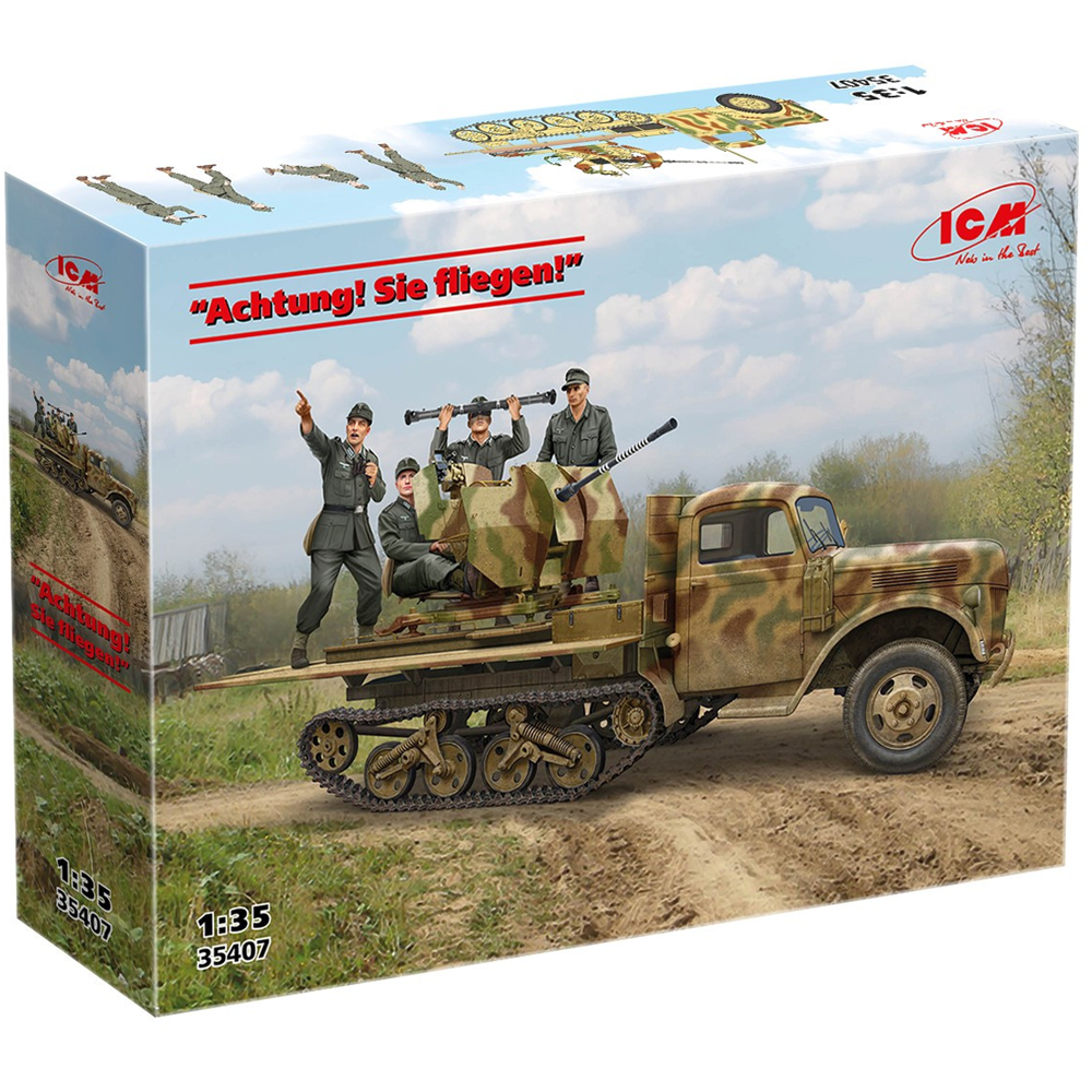 ICM Achtung Sie fliegen Sd.Kfz.3b with 2 cm Flak 38 1:35 scale military model kit. Model kit packaging of a military vehicle with soldiers on a scenic background, featuring ICM branding.
