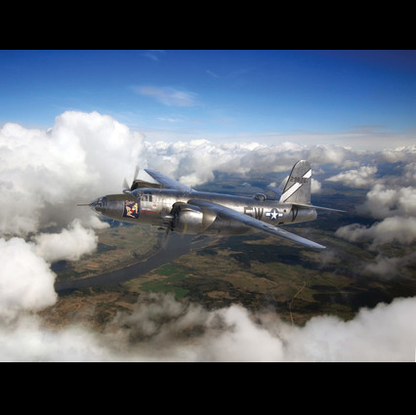 ICM B-26F Marauder, WWII American Bomber 1:48 Scale Plastic Model Kit. Vintage airplane flying above clouds