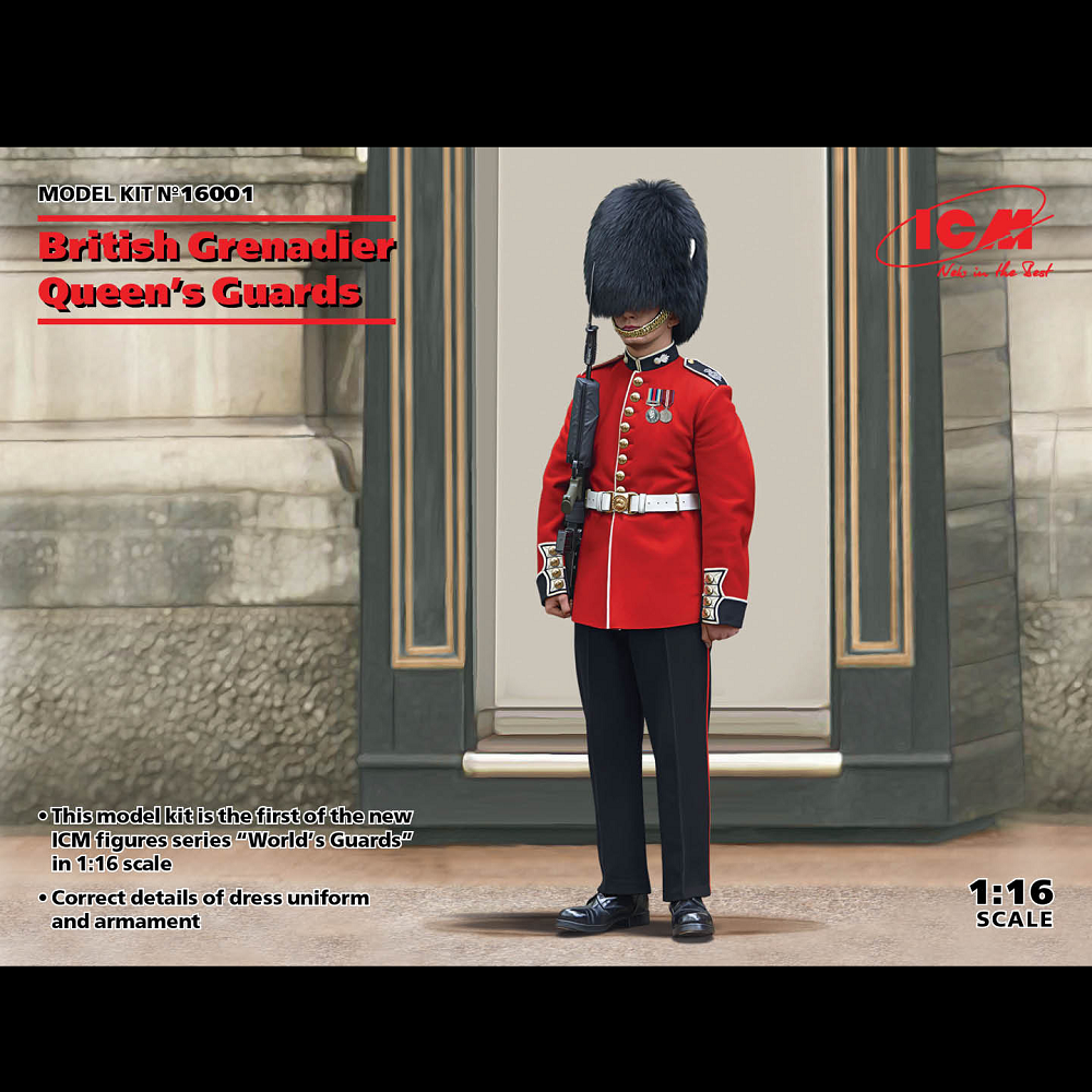 British Grenadier Queen’s Guards. A 1:16 scale plastic model kit depicting a British Grenadier Guard in full ceremonial uniform. Requires assembly and painting
