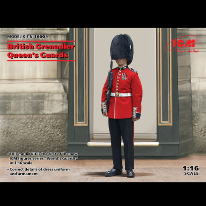 British Grenadier Queen’s Guards. A 1:16 scale plastic model kit depicting a British Grenadier Guard in full ceremonial uniform. Requires assembly and painting
