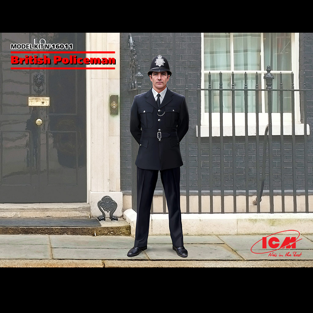 British Policeman (16011). A 1:16 scale plastic model kit depicting a traditional British police officer. Requires assembly and painting
