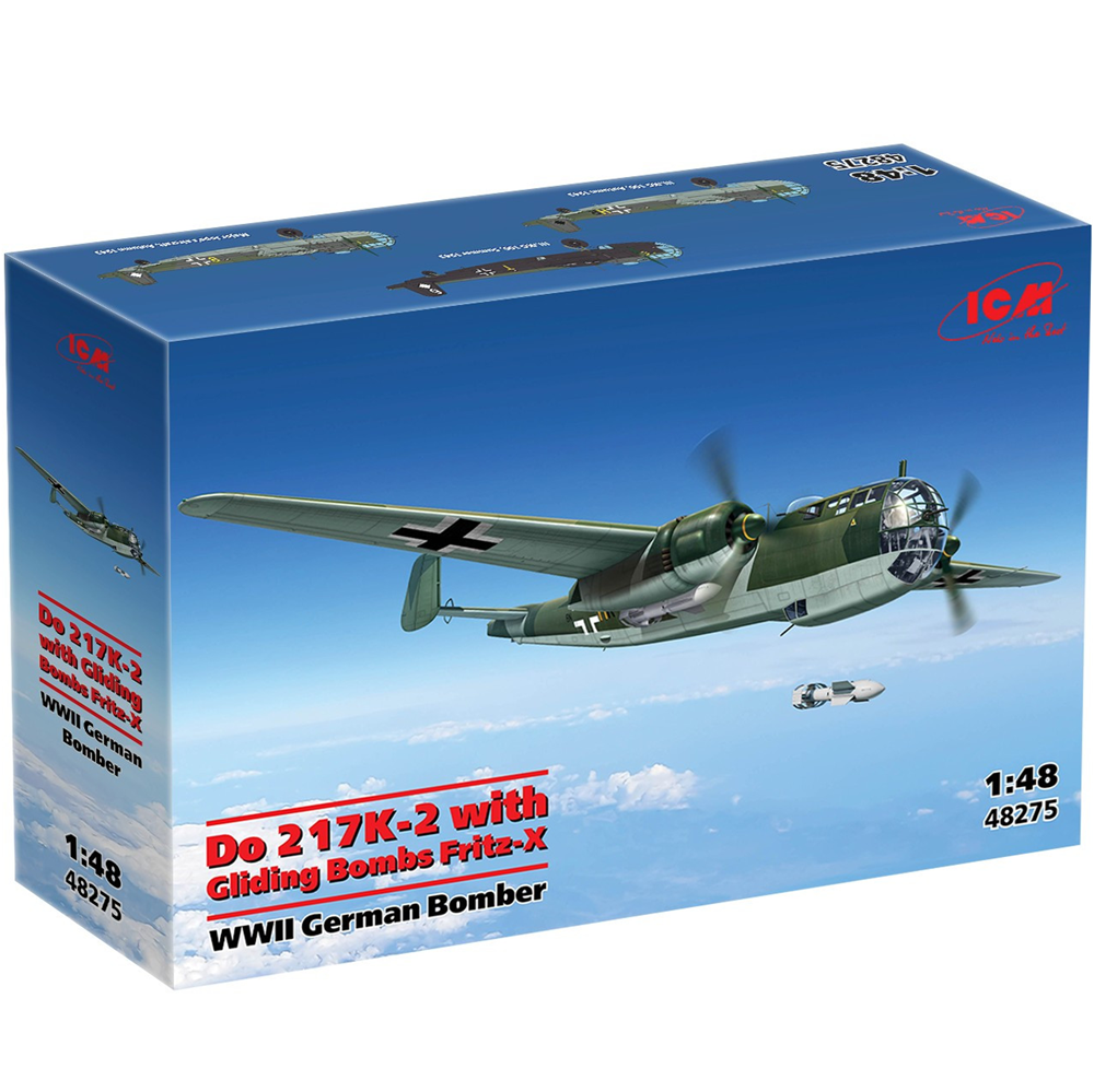 ICM Do 217K-2 with Fritz-X 1:48 scale WWII German bomber model kit featuring guided bombs, extended wingspan and KG100 markings. Assembly required.