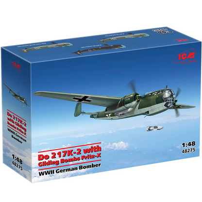 ICM Do 217K-2 with Fritz-X 1:48 scale WWII German bomber model kit featuring guided bombs, extended wingspan and KG100 markings. Assembly required.