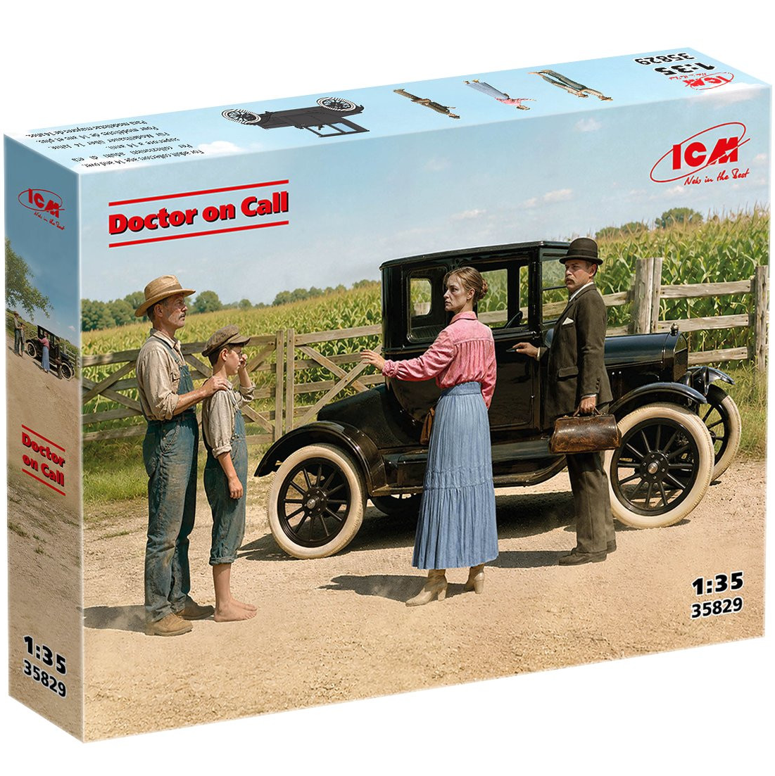 Box packaging for an ICM 1:35 scale model kit titled 'Doctor on Call', featuring a vintage black car and three people in a rural outdoor scene printed on the front. ICM Doctor on Call 1918 Ford Model T Doctor's Coupe with four figures 1:35 scale model kit