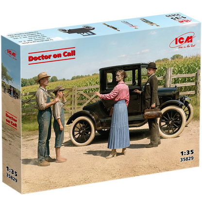 Box packaging for an ICM 1:35 scale model kit titled 'Doctor on Call', featuring a vintage black car and three people in a rural outdoor scene printed on the front. ICM Doctor on Call 1918 Ford Model T Doctor's Coupe with four figures 1:35 scale model kit