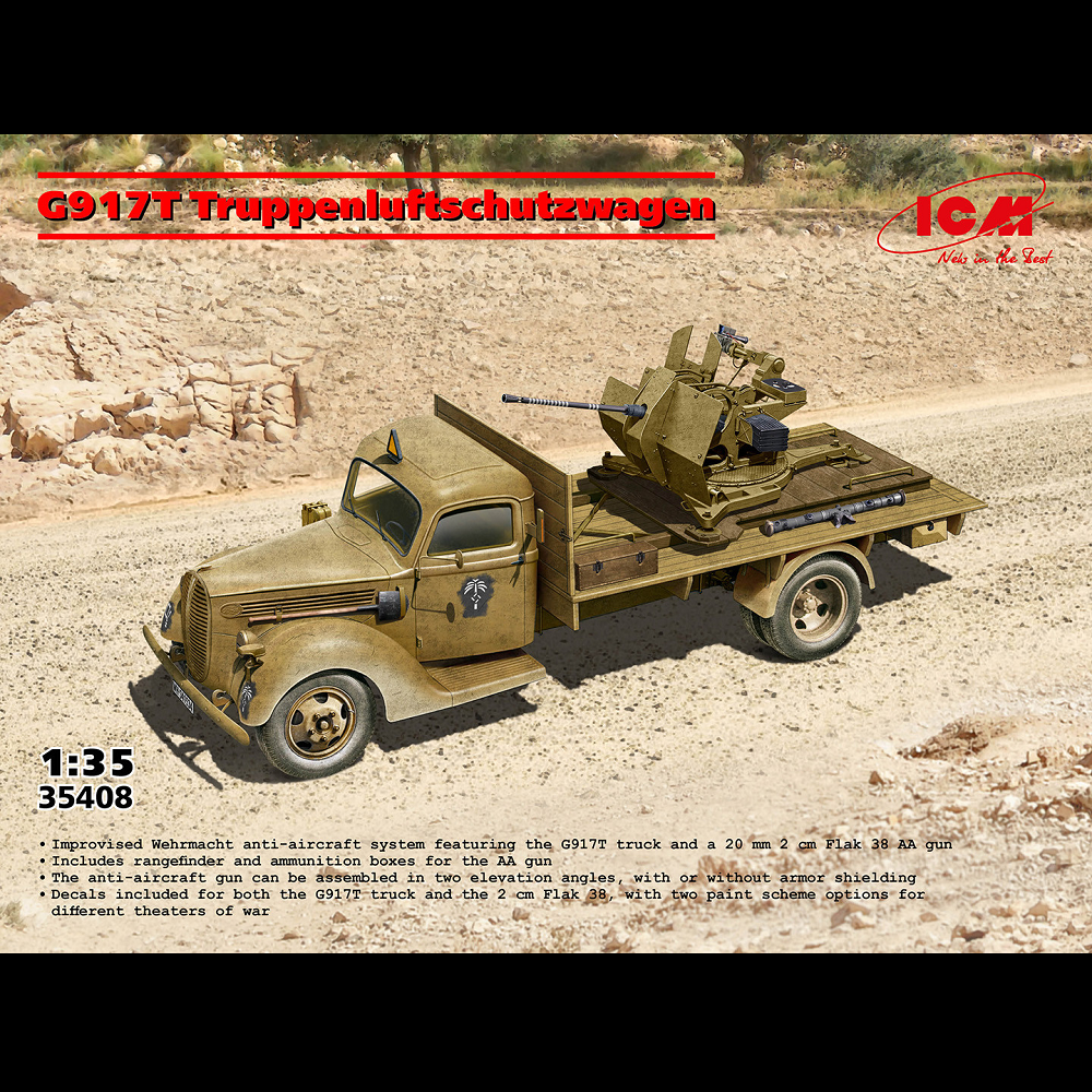 ICM G917T Truppenluftschutzwagen With Flak 38 – 1:35 Scale Model Kit (Kit No. 35408). Model of a G917T Truppenluftschutzwagen with anti-aircraft system on a desert landscape background.