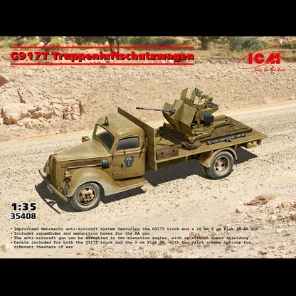 ICM G917T Truppenluftschutzwagen With Flak 38 – 1:35 Scale Model Kit (Kit No. 35408). Model of a G917T Truppenluftschutzwagen with anti-aircraft system on a desert landscape background.