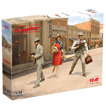 Model kit box featuring two men and a woman on a street with 'Gangster' and 'ICM' branding. ICM 1:24 1920s Gangsters with Tommy Guns Plastic Model Figure Kit