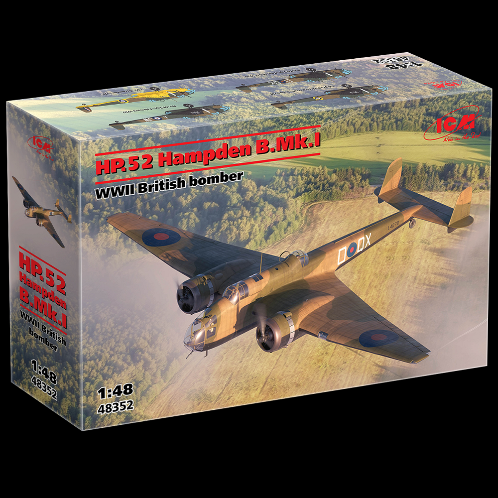 Model airplane kit box for HP.52 Hampden B.Mk.I WWII British bomber with scenic background