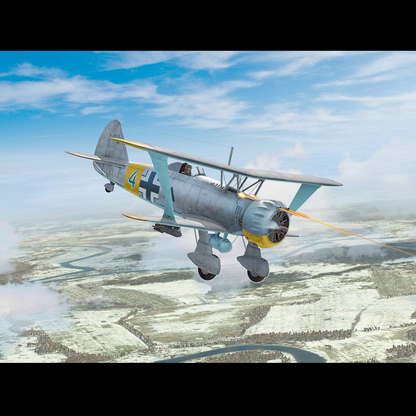 ICM Hs 123A-1 (Late), WWII German Attack Aircraft – 1:32 Scale Model Kit (Kit No. 32015). Vintage airplane flying over a landscape with a clear blue sky.