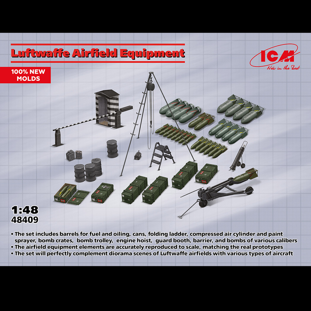 ICM Luftwaffe Airfield Equipment 1:48 Scale WWII Aircraft Ground Equipment Model Kit