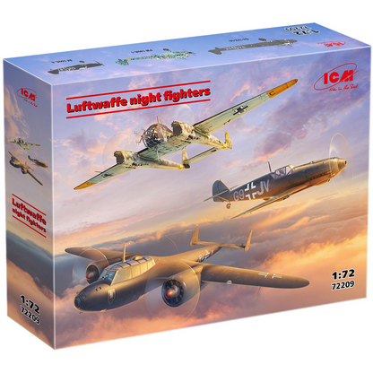 ICM 1:72 Luftwaffe Night Fighters Set – Bf 109E-4, Do 17Z-10, Fw 189A-1 scale model box art 