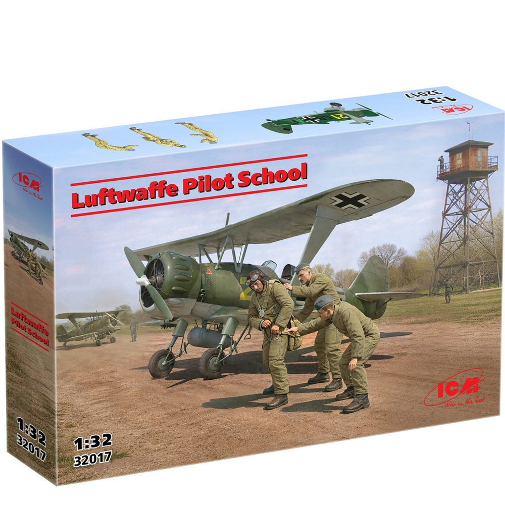 ICM Luftwaffe Pilot School Hs 123A training biplane with cadet figures 1:32 scale plastic model kit. Model kit packaging for Luftwaffe Pilot School with airplane and soldiers on a runway.