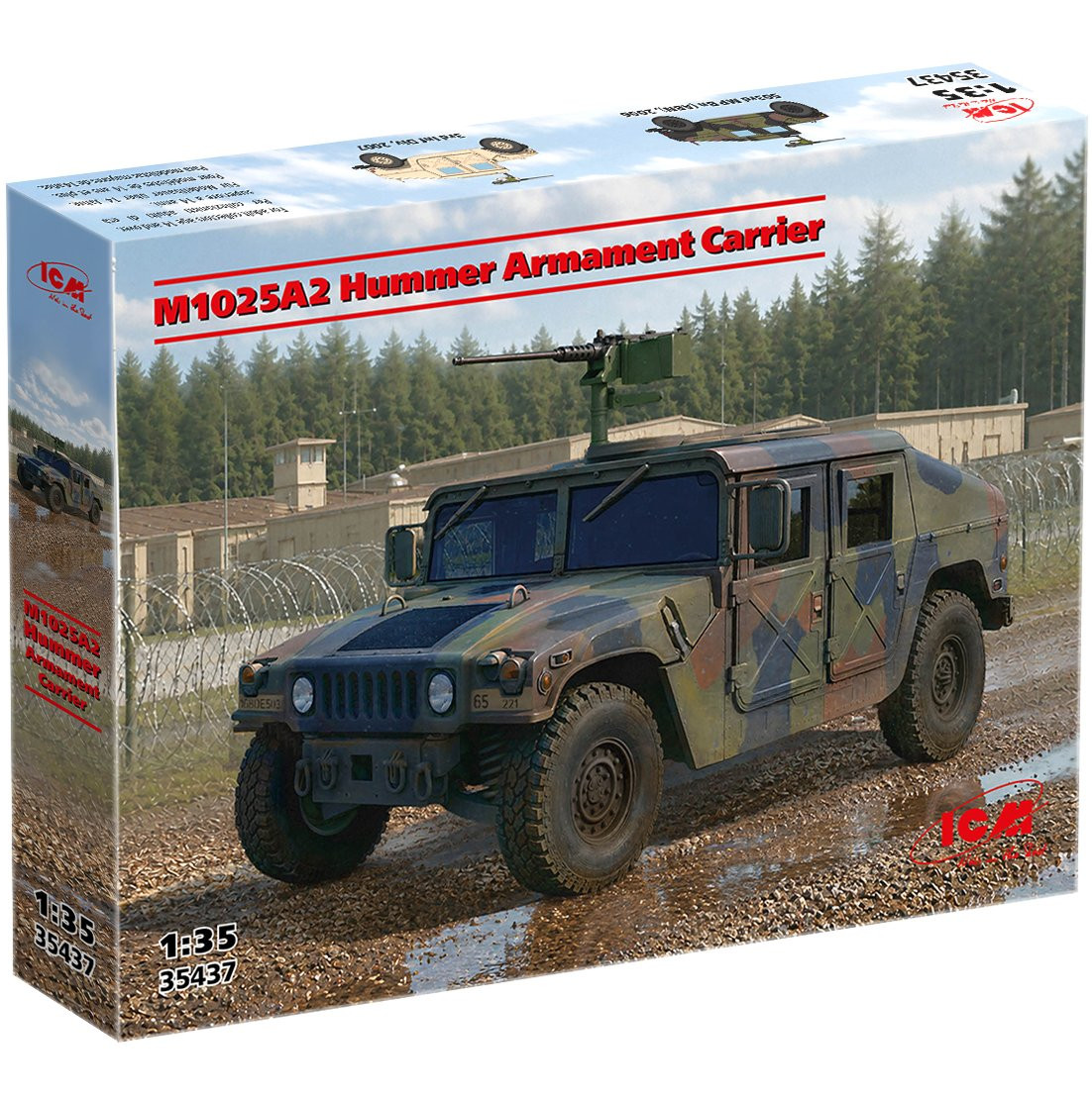 A boxed model kit labeled 'M1025A2 Hummer Armament Carrier' with a camouflage military vehicle pictured on the front. The box is photographed on a plain white background, with product text, logos, and scale information visible on the packaging. ICM M1025A2 Humvee Armament Carrier 1:35 scale plastic model kit