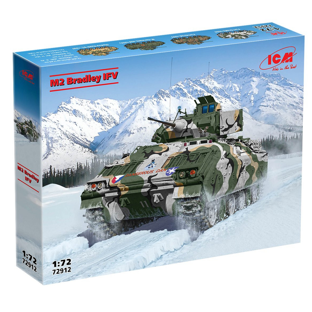 ICM M2 Bradley IFV 1:72 Scale Model Kit. 1:72 scale ICM M2 Bradley IFV model kit with detailed hull, rotating turret, and track assembly. Includes decals for four variants, unassembled.
