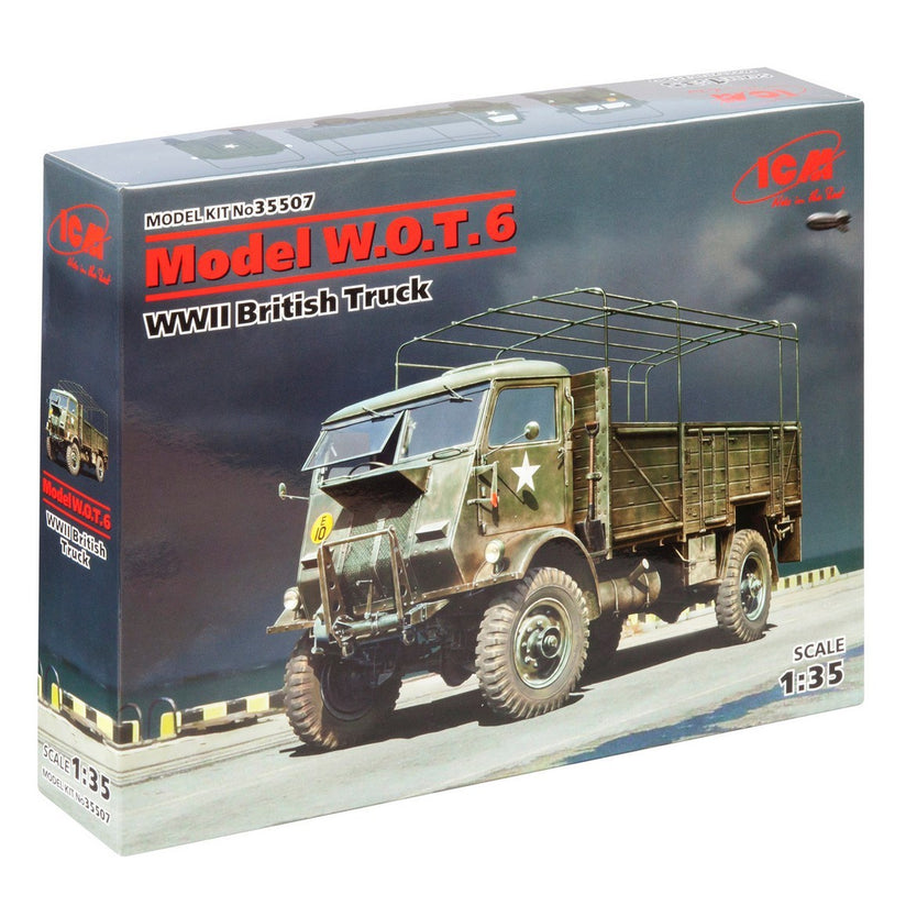 ICM Model W.O.T. 6 WWII British Truck (35507). A 1:35 scale plastic model kit capturing the rugged military vehicle used from 1942-1962. Requires assembly and painting.
