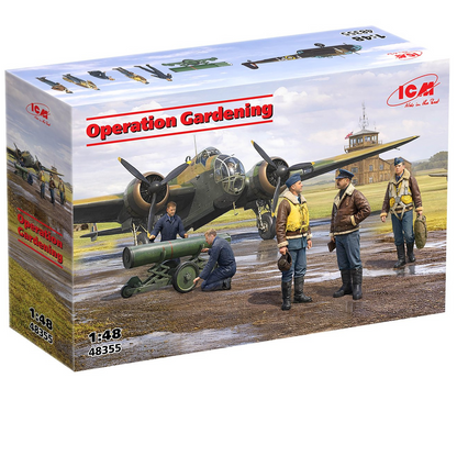 Box packaging for a 1:48 scale model kit titled 'Operation Gardening' by ICM, featuring a vintage bomber aircraft and four military personnel on a tarmac scene. ICM Operation Gardening HP.52 Hampden mine layer with pilots ground crew and magnetic mine 1:48 WWII model kit
