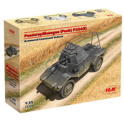ICM Panzerspähwagen (Funk) P204(f) Armoured Command Vehicle 1:35 Scale Model Kit. Model kit box for Panzerspahwagen (Funk) P204/F armored command vehicle on a field background