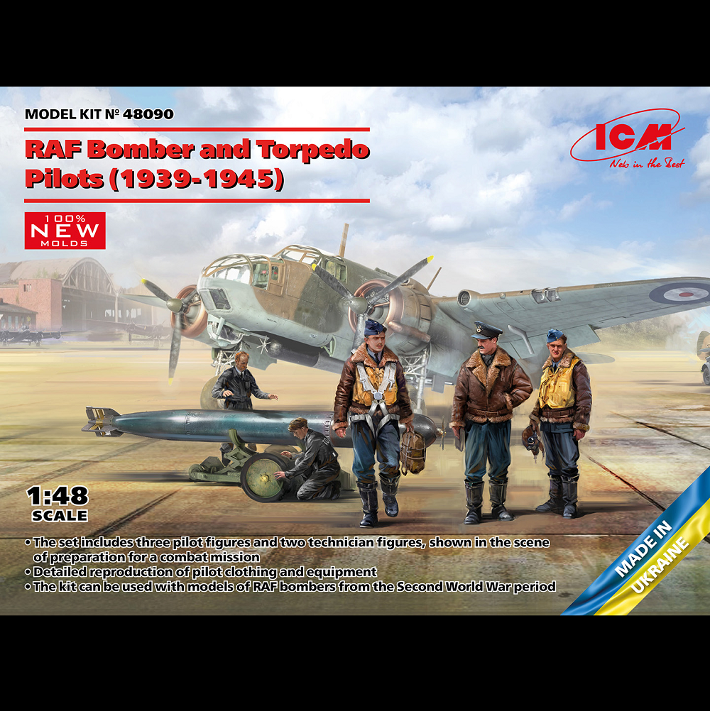 RAF Bomber and Torpedo Pilots (1939-1945). A 1:48 scale plastic model kit depicting RAF bomber and torpedo pilots from WWII with historically accurate uniforms. Requires assembly and painting.
