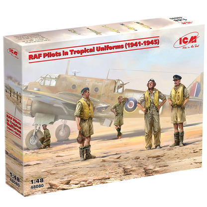 RAF Pilots in Tropical Uniforms (1941-1945). A 1:48 scale kit with 3 pilot figures and 2 ground staff in detailed tropical uniforms. Perfect for historical dioramas
