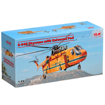 ICM Sikorsky S-64E Skycrane with Universal Pod 1:35 scale helicopter model kit with transport container, decals, and detailed parts. Assembly required.