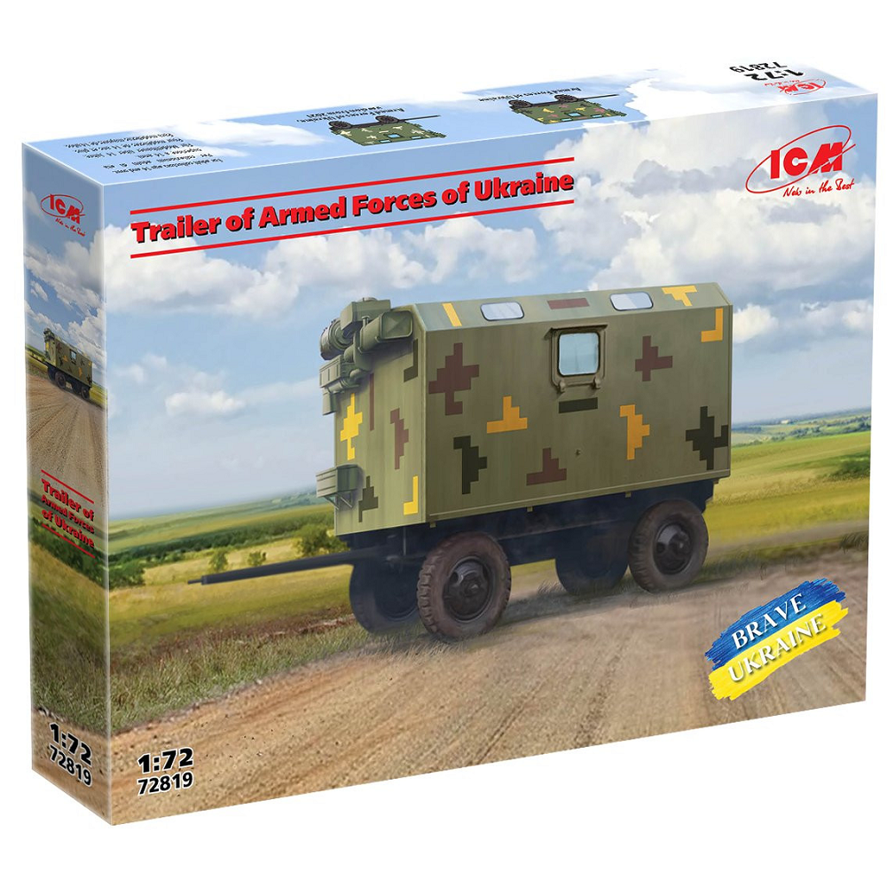 1:72 scale ICM Ukrainian military trailer model with KP4 van body, two-axle design, and pixel camouflage decals, unassembled on a plain background.