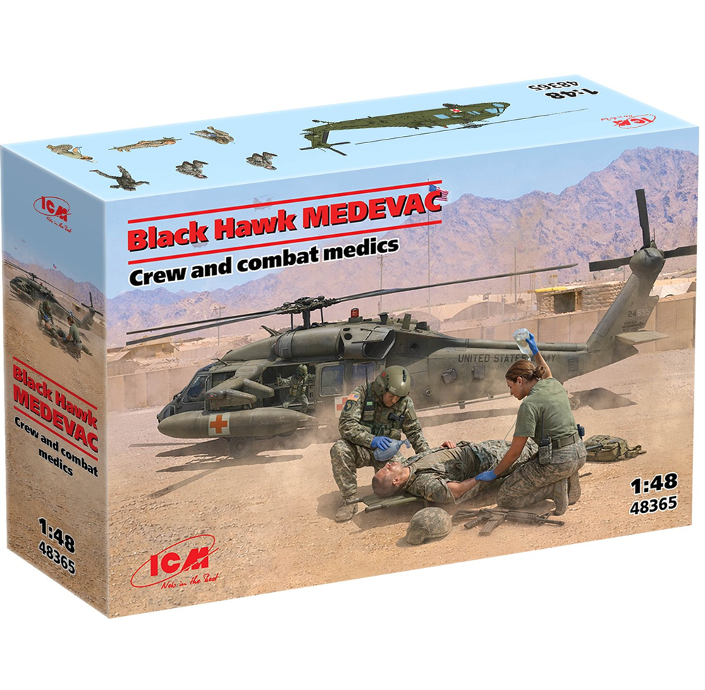 Model kit box for Black Hawk MEDEVAC with soldiers and helicopter on a desert background. ICM UH-60A Black Hawk 'Medevac' with Flight Medics