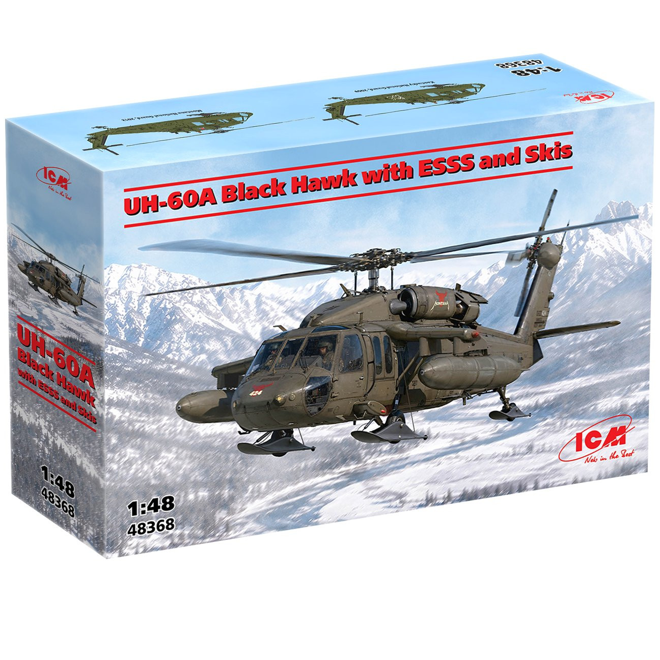 Box packaging for a 1:48 scale model kit of a UH-60A Black Hawk helicopter with ESSS and skis, featuring a snowy mountain background and the ICM logo. ICM UH-60A Black Hawk with ESSS pylons auxiliary fuel tanks and ski landing gear 1:48 scale model kit