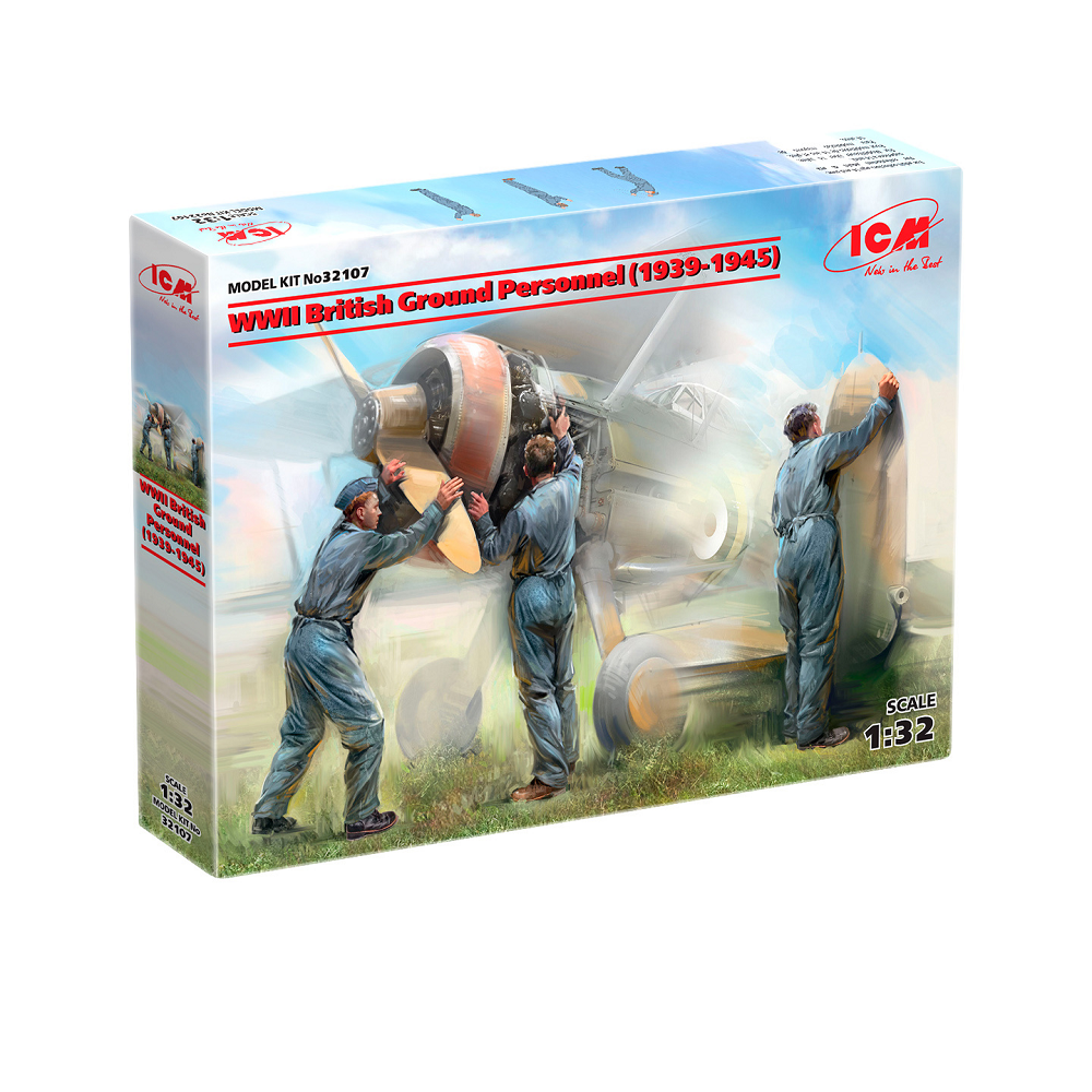 WWII British Ground Personnel (1939-1945). A 1:32 scale model kit with 3 RAF figures in period-correct uniforms. Includes 44 parts and detailed instructions.
