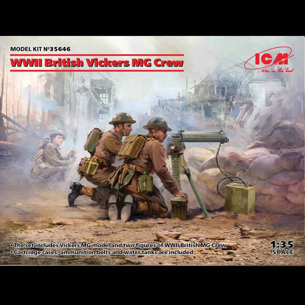 WWII British Vickers MG Crew (ICM 35646). A 1:35 scale plastic model kit depicting British soldiers operating a Vickers MG. Requires assembly and painting.
