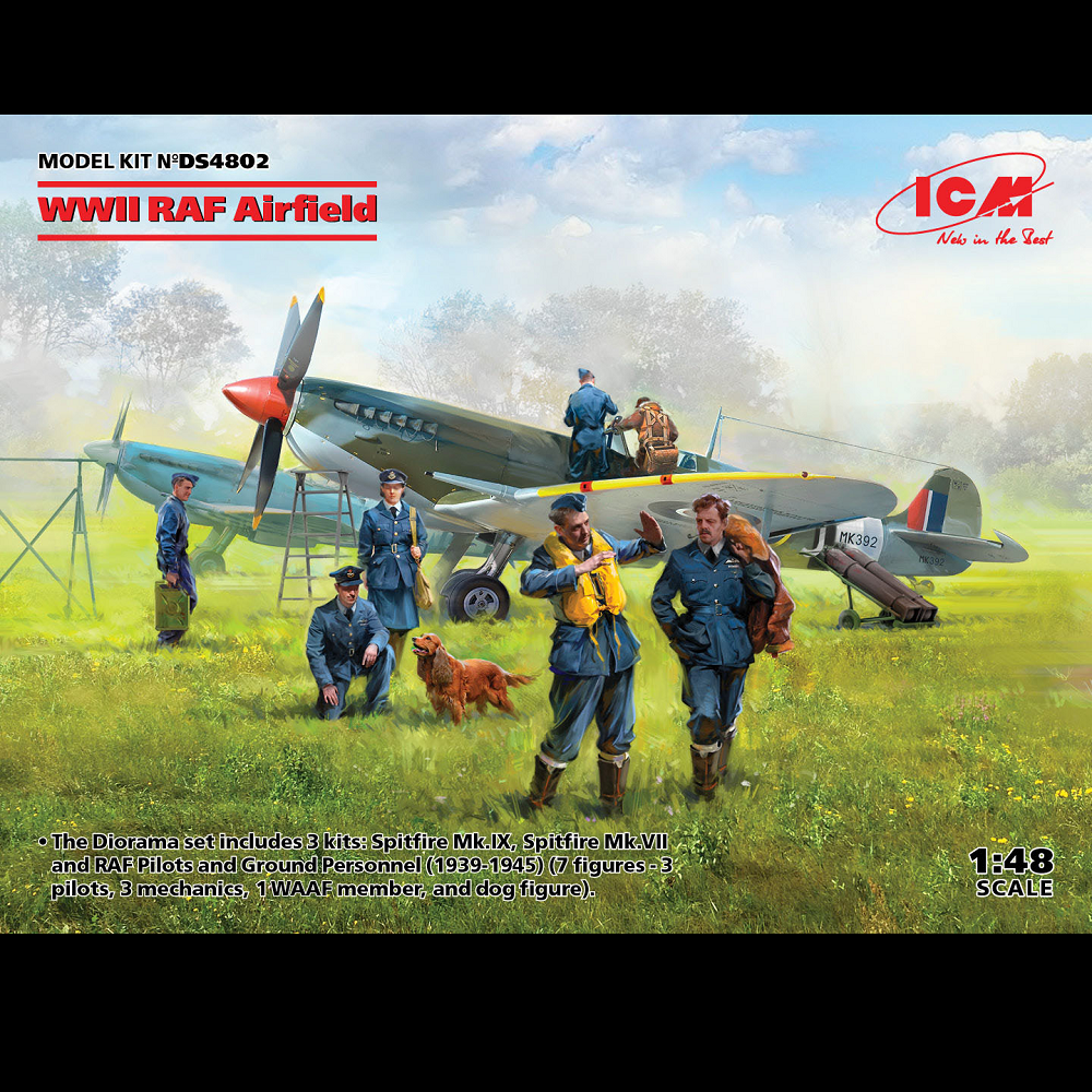 WWII RAF Airfield. A 1:48 scale plastic model kit depicting a WWII RAF airfield scene with Spitfire Mk.IX, Spitfire Mk.VII, pilots, mechanics, and ground crew. Requires assembly and painting.
