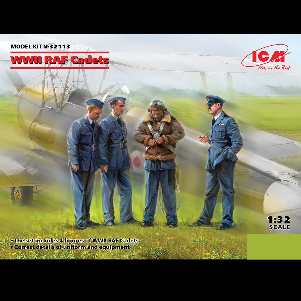 WWII RAF Cadets A 1:32 scale plastic model kit depicting four RAF cadets from WWII with detailed uniforms and accessories Requires assembly and painting
