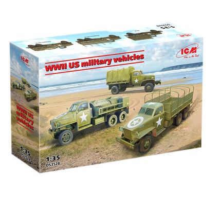 ICM WWII U.S. Military Vehicles 1:35 Scale Plastic Model Kit. Model kit packaging for WWII US military vehicles with a beach scene on the box.