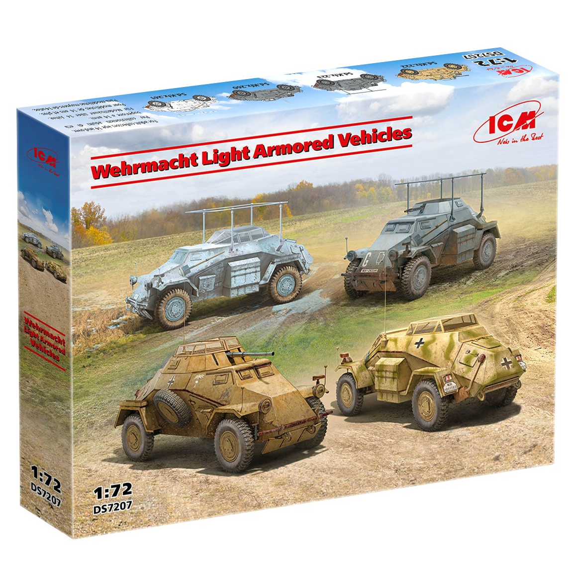Box packaging for a 1:72 scale model kit titled 'Wehrmacht Light Armoured Vehicles' by ICM, showing four vintage military armoured vehicles on a grassy dirt road background. ICM Wehrmacht Light Armoured Vehicles Set with four German WWII armoured cars 1:72 scale model kit