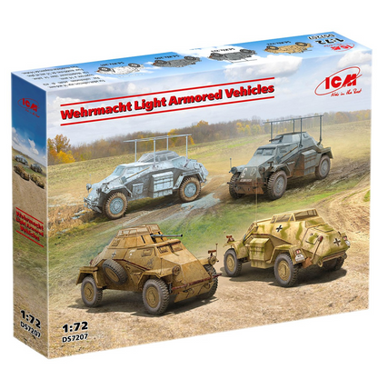 Box packaging for a 1:72 scale model kit titled 'Wehrmacht Light Armoured Vehicles' by ICM, showing four vintage military armoured vehicles on a grassy dirt road background. ICM Wehrmacht Light Armoured Vehicles Set with four German WWII armoured cars 1:72 scale model kit