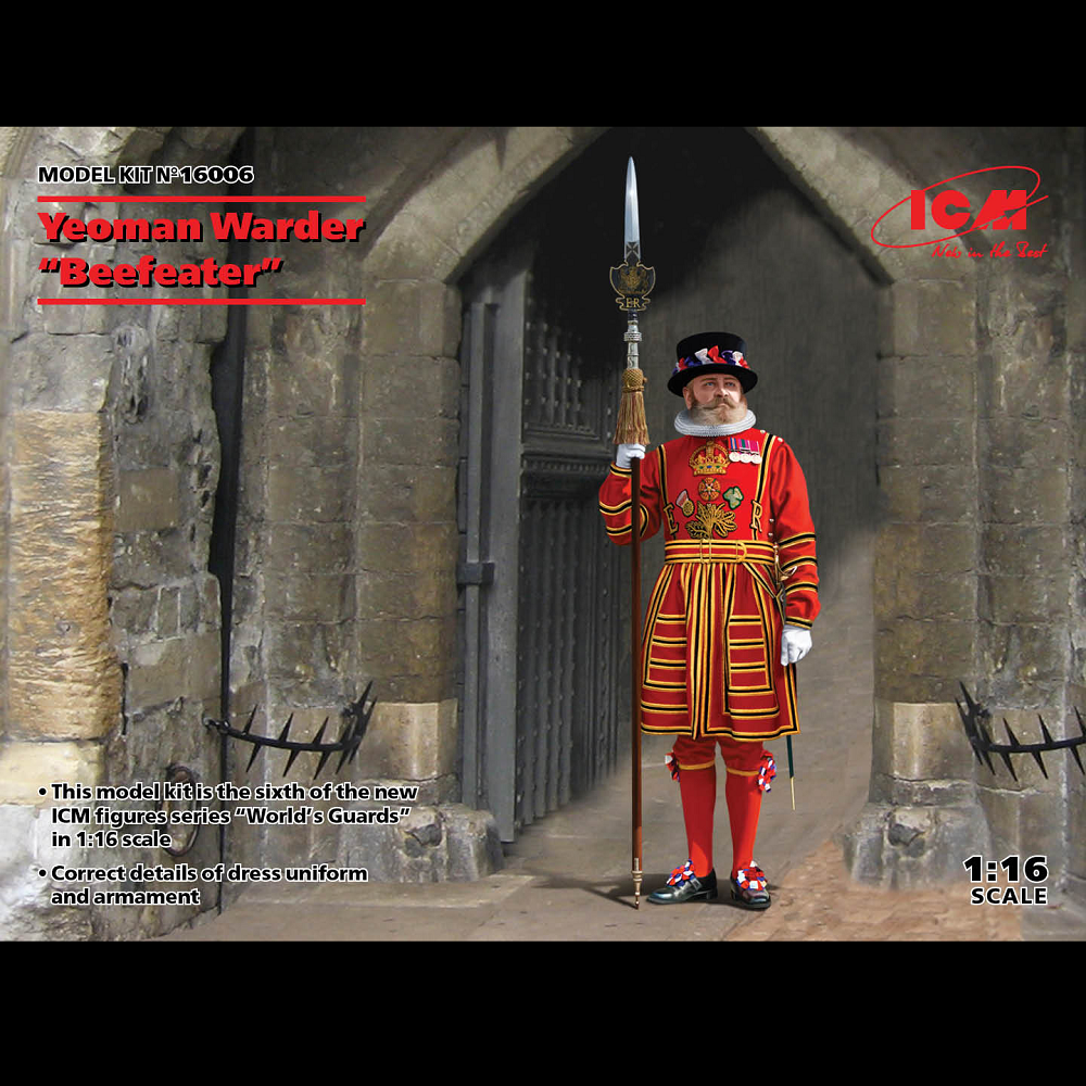 Yeoman Warder “Beefeater”. A 1:16 scale plastic model kit depicting a ceremonial Yeoman Warder with historically accurate uniform details. Requires assembly and painting.
