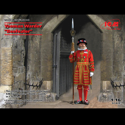 Yeoman Warder “Beefeater”. A 1:16 scale plastic model kit depicting a ceremonial Yeoman Warder with historically accurate uniform details. Requires assembly and painting.
