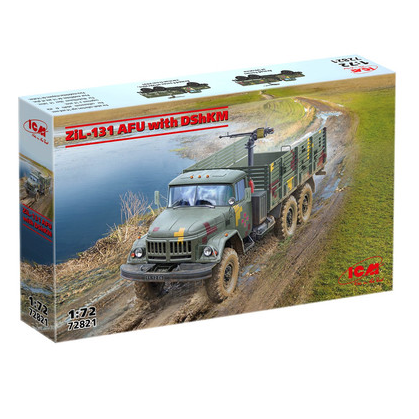 ICM ZіL-131 AFU with DShKM 1:72 Scale Model Plastic Kit. Model kit box for a ZIL-131 AFU with DShK machine gun on a dirt road.