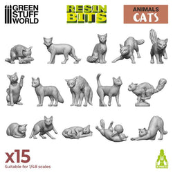 Cats from the Resin Bits by Green Stuff World. A pack of 15 3D printed ABS-like resin felines for you to use on your miniatures bases, dioramas and other hobby projects with different poses including stretching, walking and playing. 