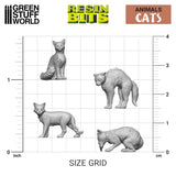 Cats from the Resin Bits by Green Stuff World. A pack of 15 3D printed ABS-like resin felines for you to use on your miniatures bases, dioramas and other hobby projects with different poses including stretching, walking and playing. 