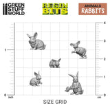 Rabbits from the Resin Bits by Green Stuff World. A pack of 20 3D printed ABS-like resin bunnies for you to use on your miniatures bases, dioramas and other hobby projects with different poses including holding veg, hopping and sitting.