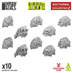 Nocturnal Shoulder Pads version 1 from the Resin Bits range by Green Stuff World. A pack of 10 3D printed ABS-like resin Night Lord style shoulder pads to help you customise your Warhammer 40k space marines and other miniatures that you would like to modify for your tabletop, dioramas and hobby projects.