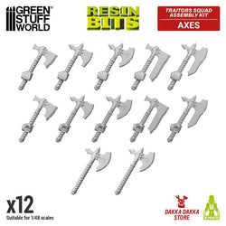Traitors Squad Assembly Kit Axes from the Resin Bits range by Green Stuff World. A pack of 12 3D printed ABS-like resin Chaos style axes