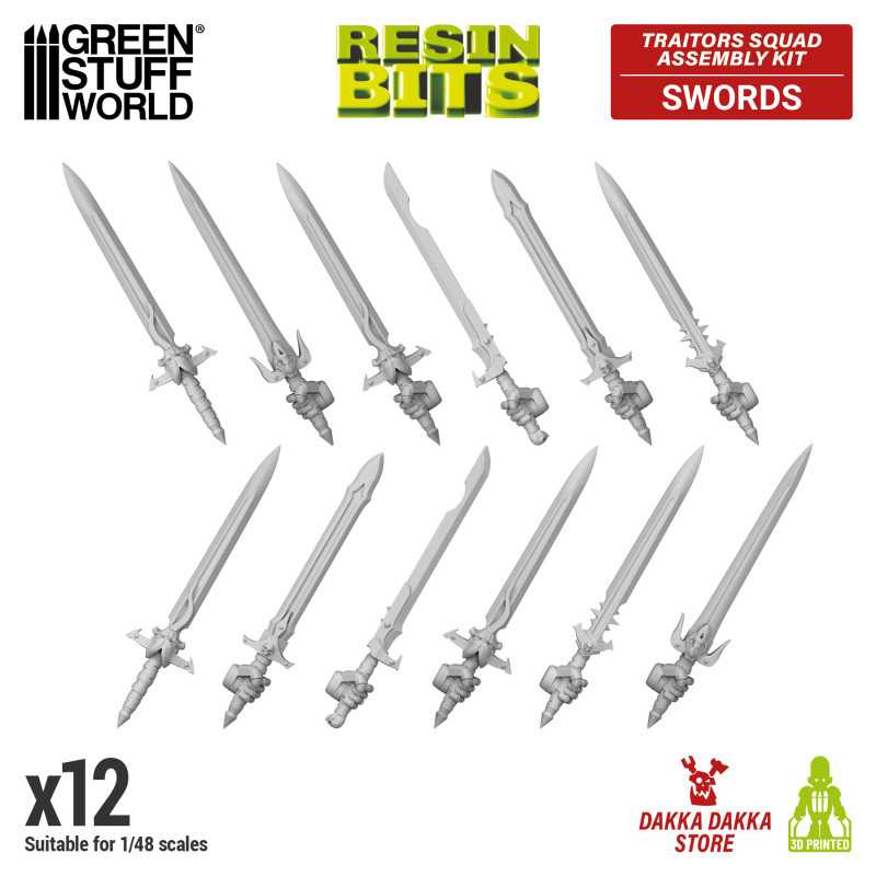Traitors Squad Assembly Kit Swords from the Resin Bits range by Green Stuff World. A pack of 12 3D printed ABS-like resin Chaos style swords
